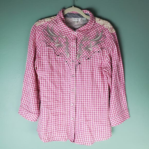 Miss Me Womens Pink Gingham Lace Embroidered Western Pearl Snap Shirt Size Large - Picture 1 of 8